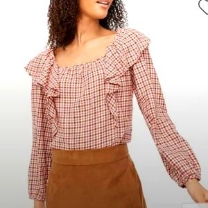 NWT J. Crew blouse square neck with ruffles red plaid long sleeved top